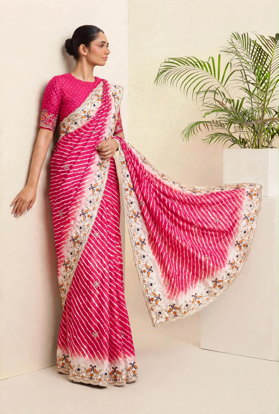 Soft Shinon Laheriya Print Saree with Embroidered Pallu & Border